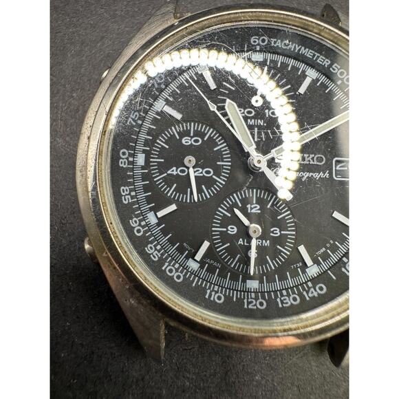Vtg Seiko Panda Chronograph Quartz 7T32 7C60 Black Dial Watch Stainless Steel WR main image 8